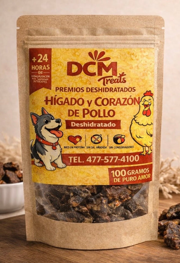 DCM Treats — Premios deshidratados de hígado y corazón de pollo, 100g