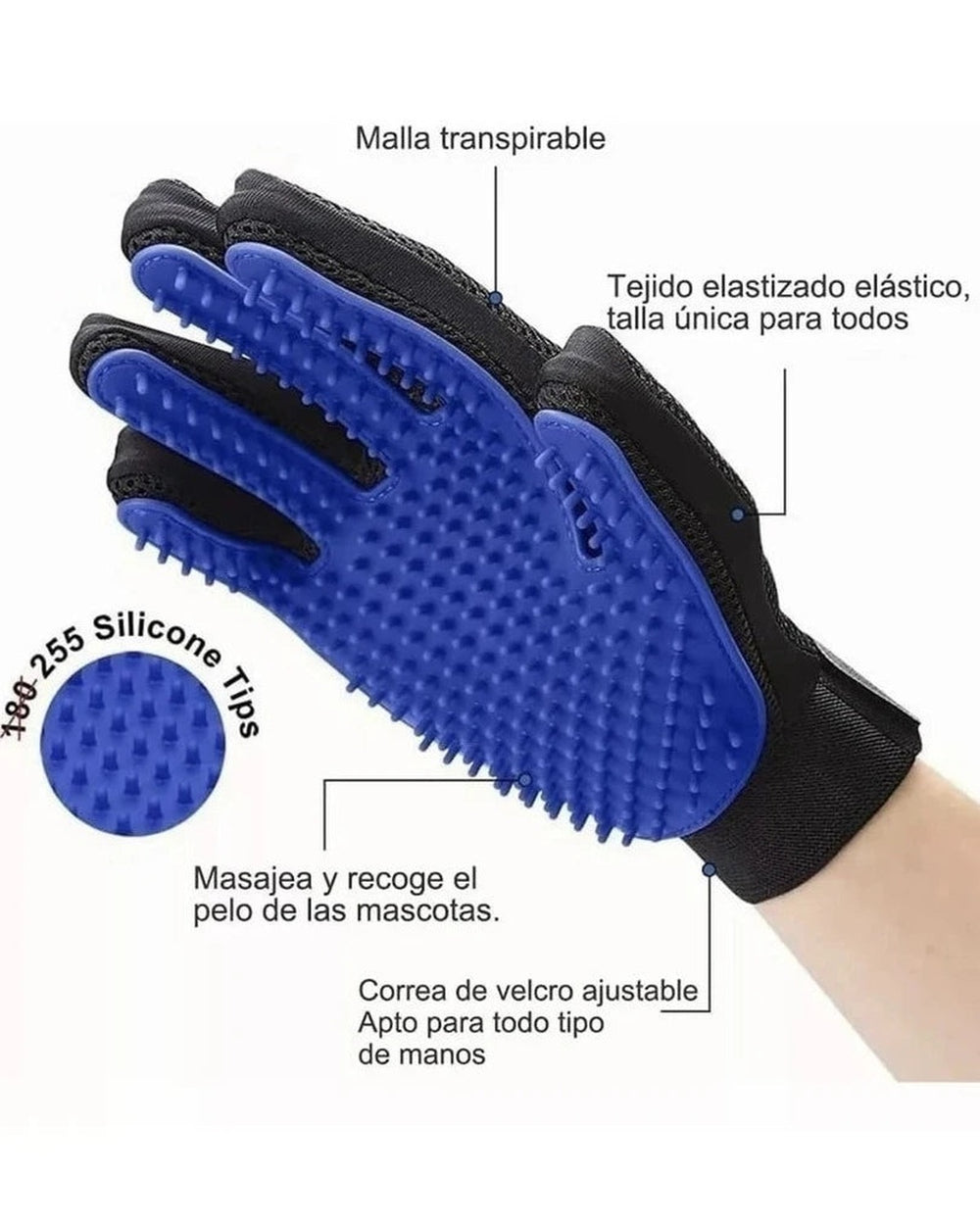 Guante quitapelos con malla transpirable, tejido elástico y correa de velcro ajustable
