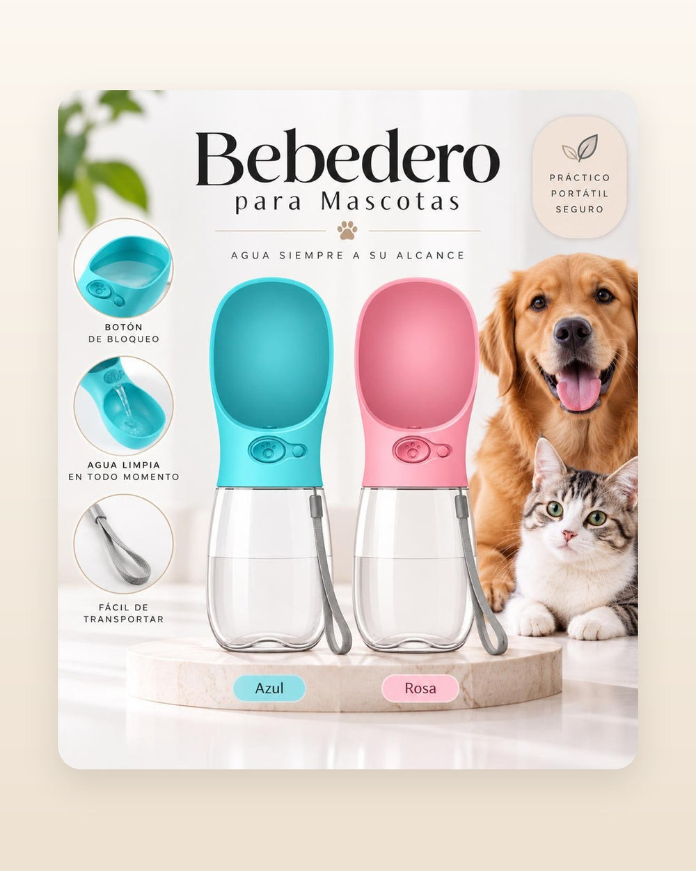 Bebedero portátil para mascotas AquaPet en azul y rosa