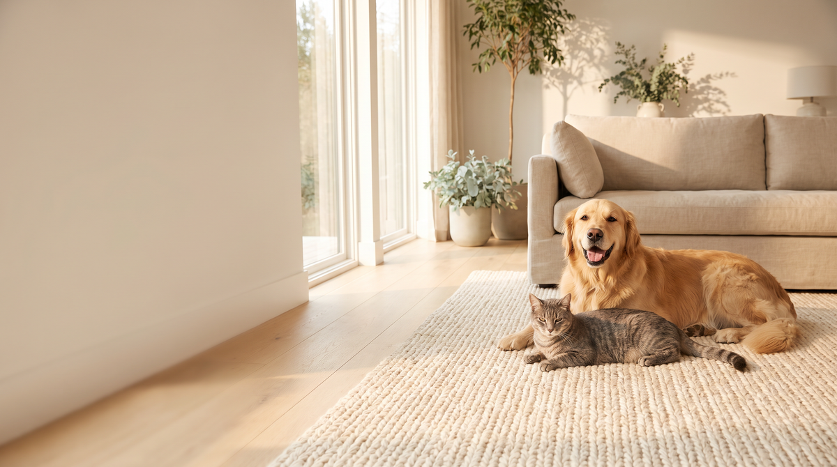 Perro y gato descansando en una sala luminosa